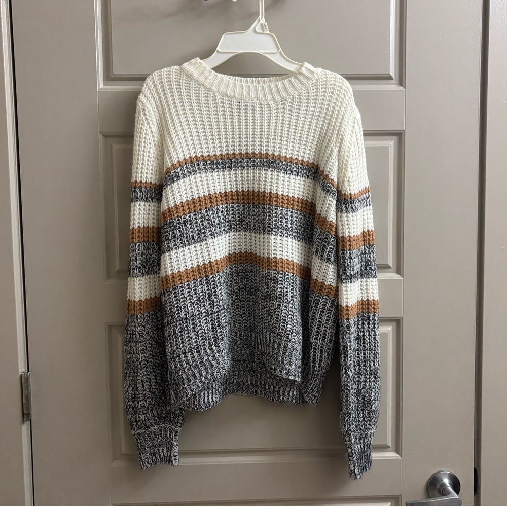 SHEIN Cream, Gray & Tan Striped Crewneck Sweater